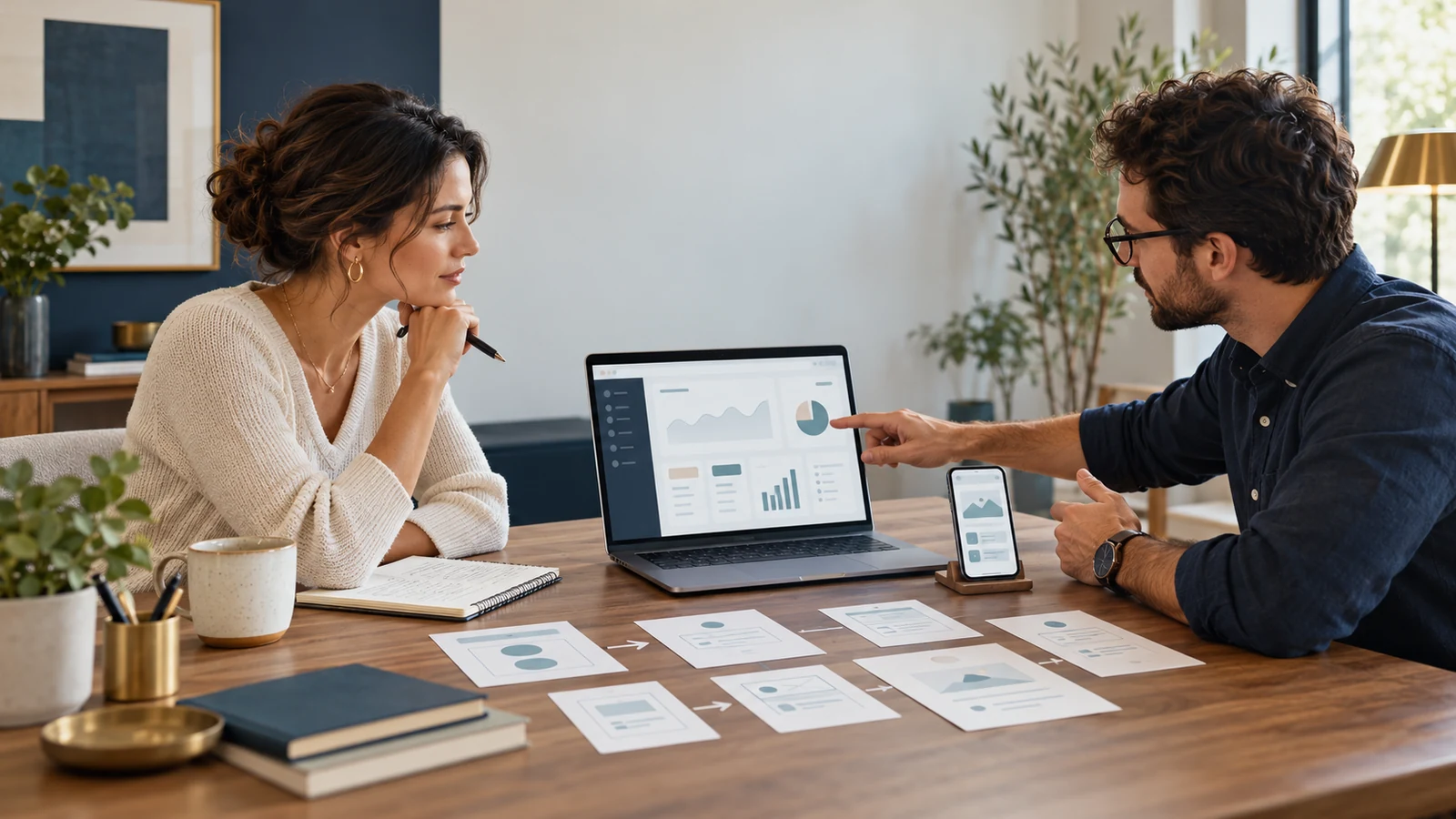Business owner and developer reviewing a client portal design across laptop and smartphone.