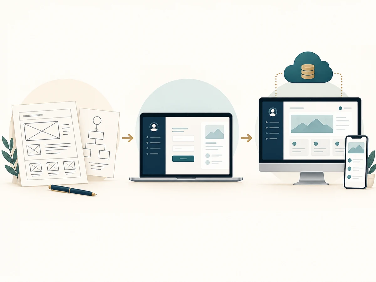 Paper wireframes lead to a laptop MVP and then a desktop and phone application connected to a cloud database.