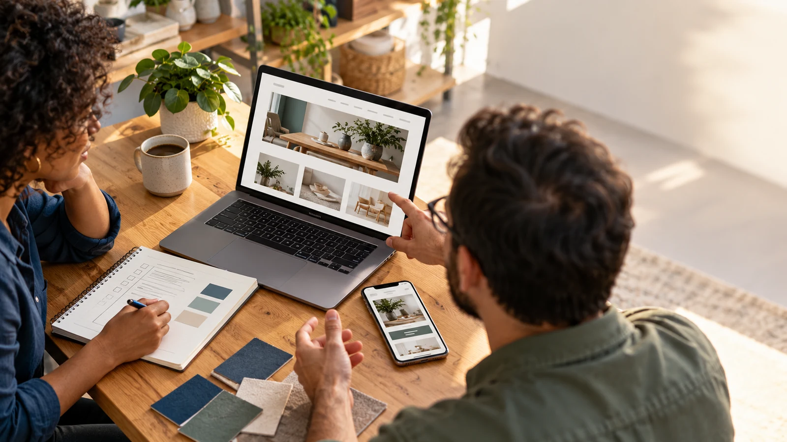 Business owner and web developer planning a small-business website and budget at a laptop.