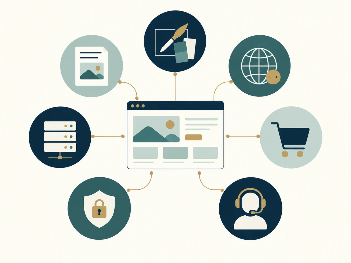 Seven icons for design, content, domain, hosting, ecommerce, security, and support surround a website window.